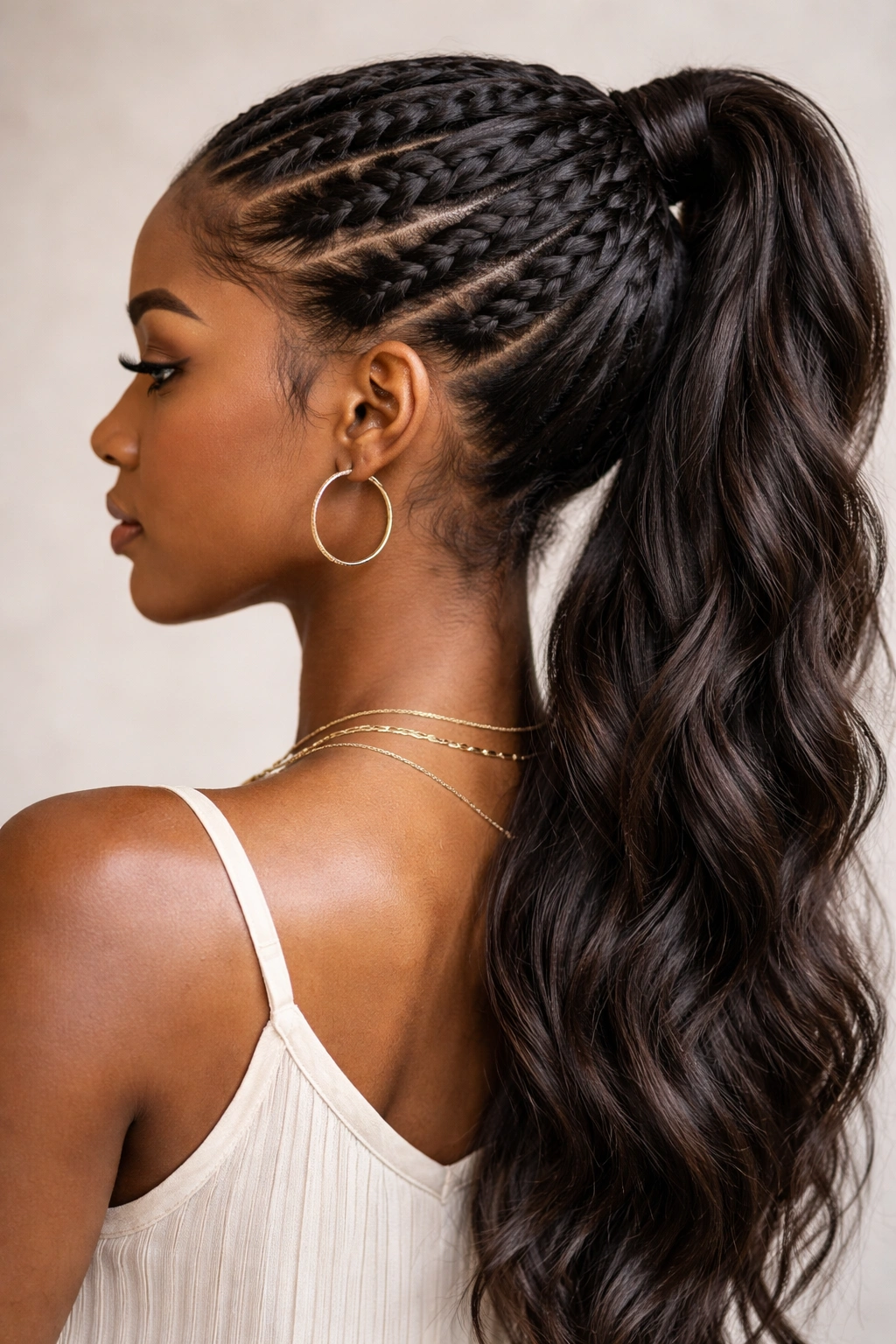 Waterfall braids cascading into a ponytail with loose hair