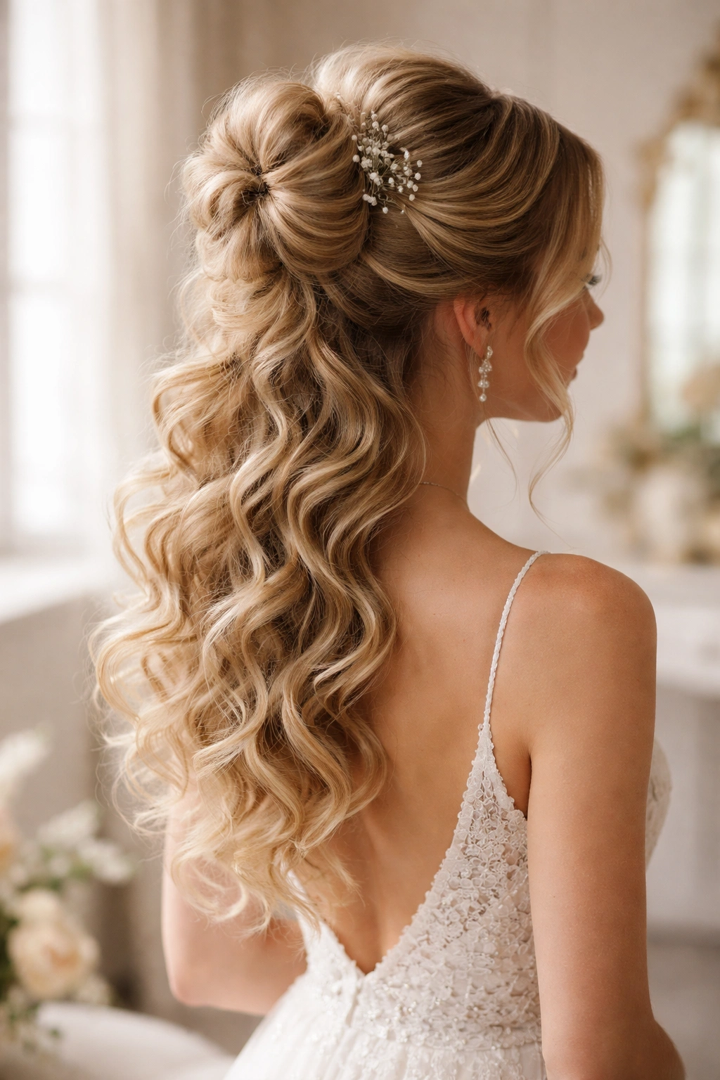 Bun with cascading curls flowing from the top, waterfall effect