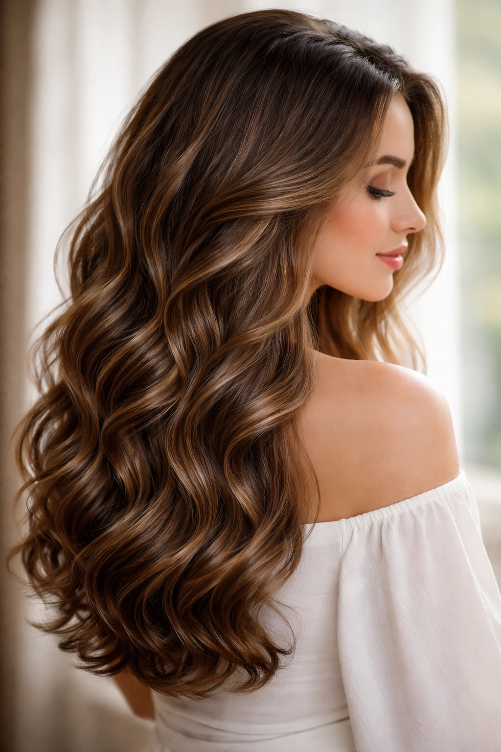 Portrait of waterfall waves hairstyle with cascading curls from crown to ends