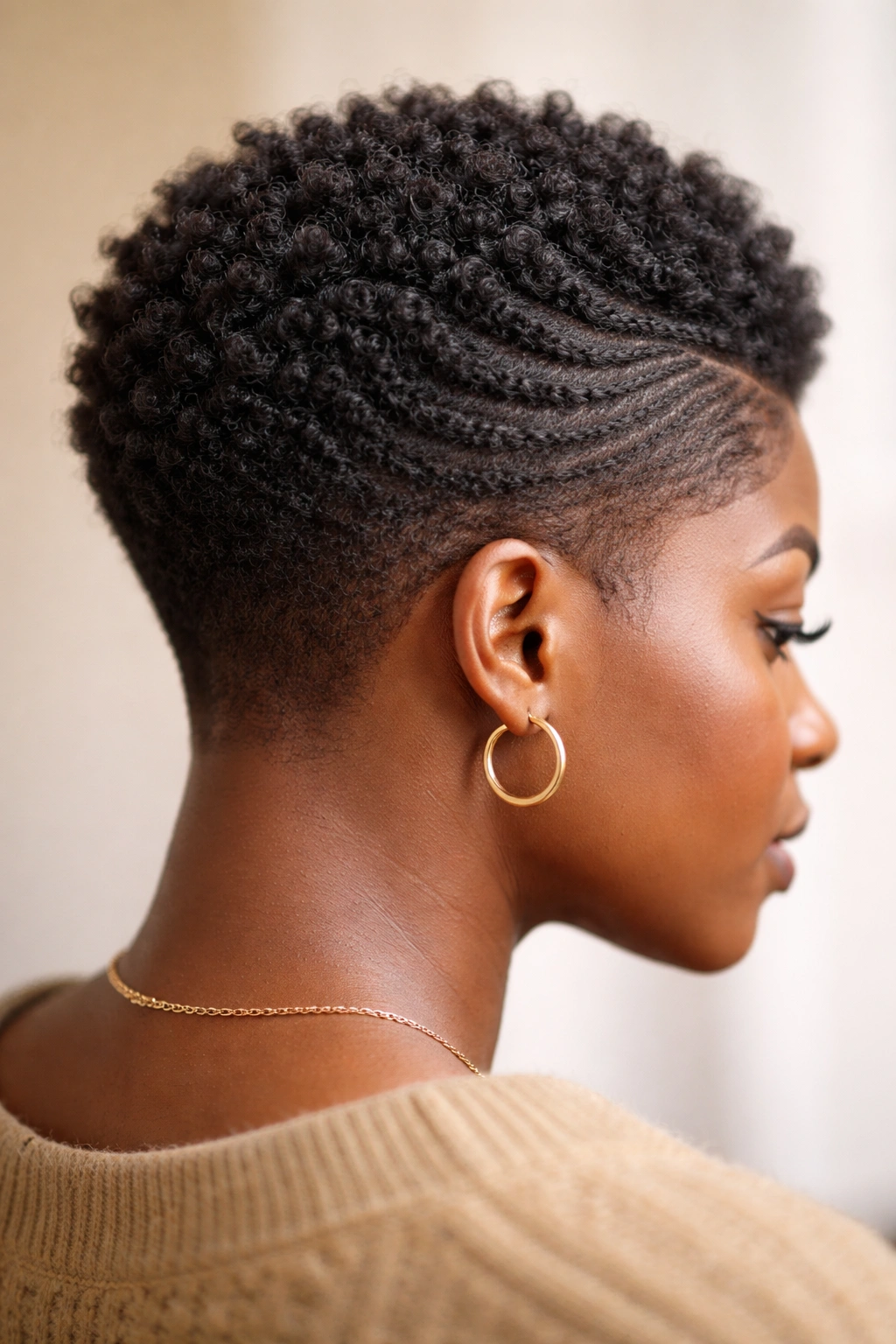 Crown coils brushed into a wave pattern with tapered sides.
