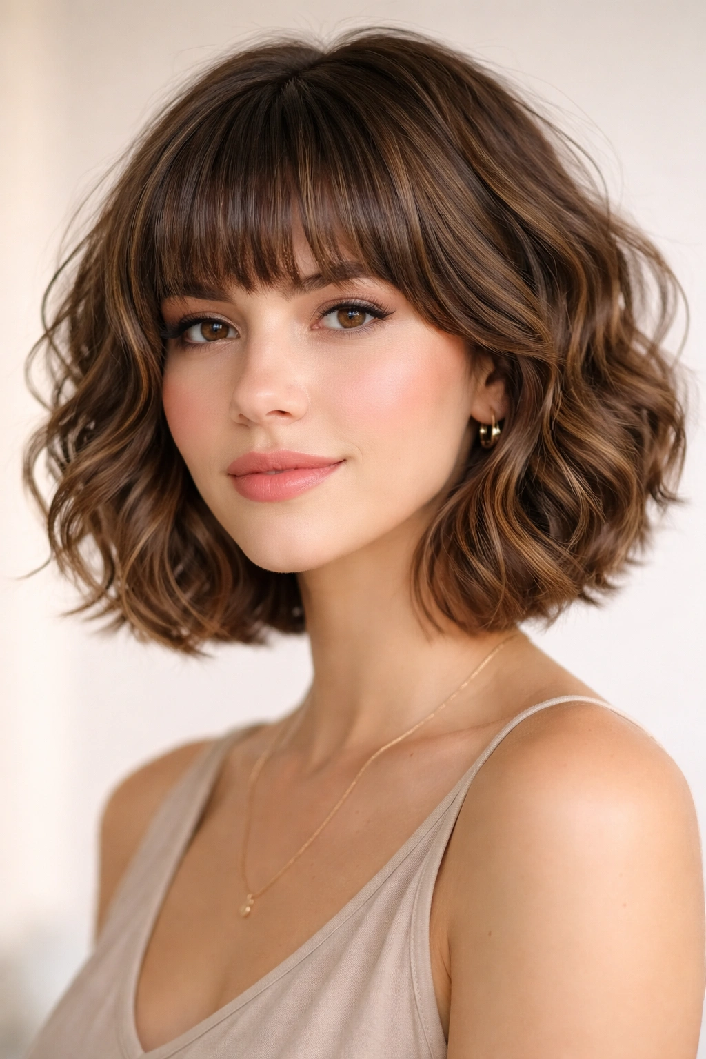 Close-up of a wave-stacked bob with rounded bangs on a model in studio lighting