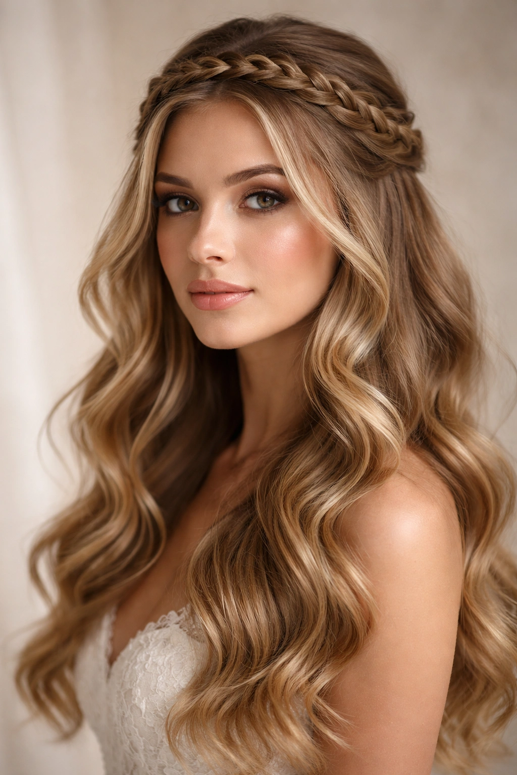 Waves with braided crown hairstyle featuring face-framing strands