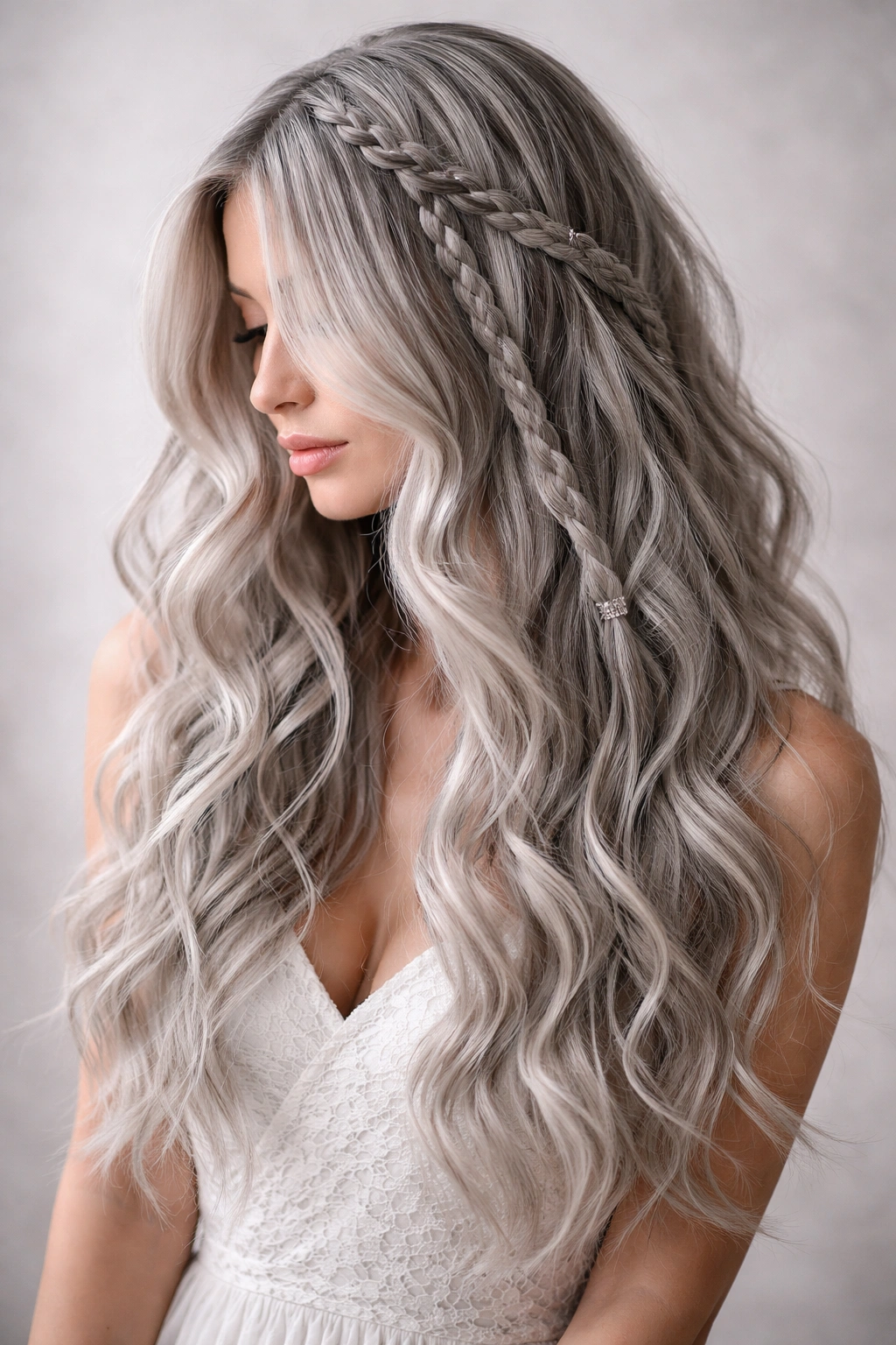 Waves with braided details: silver waves with loose braids in studio