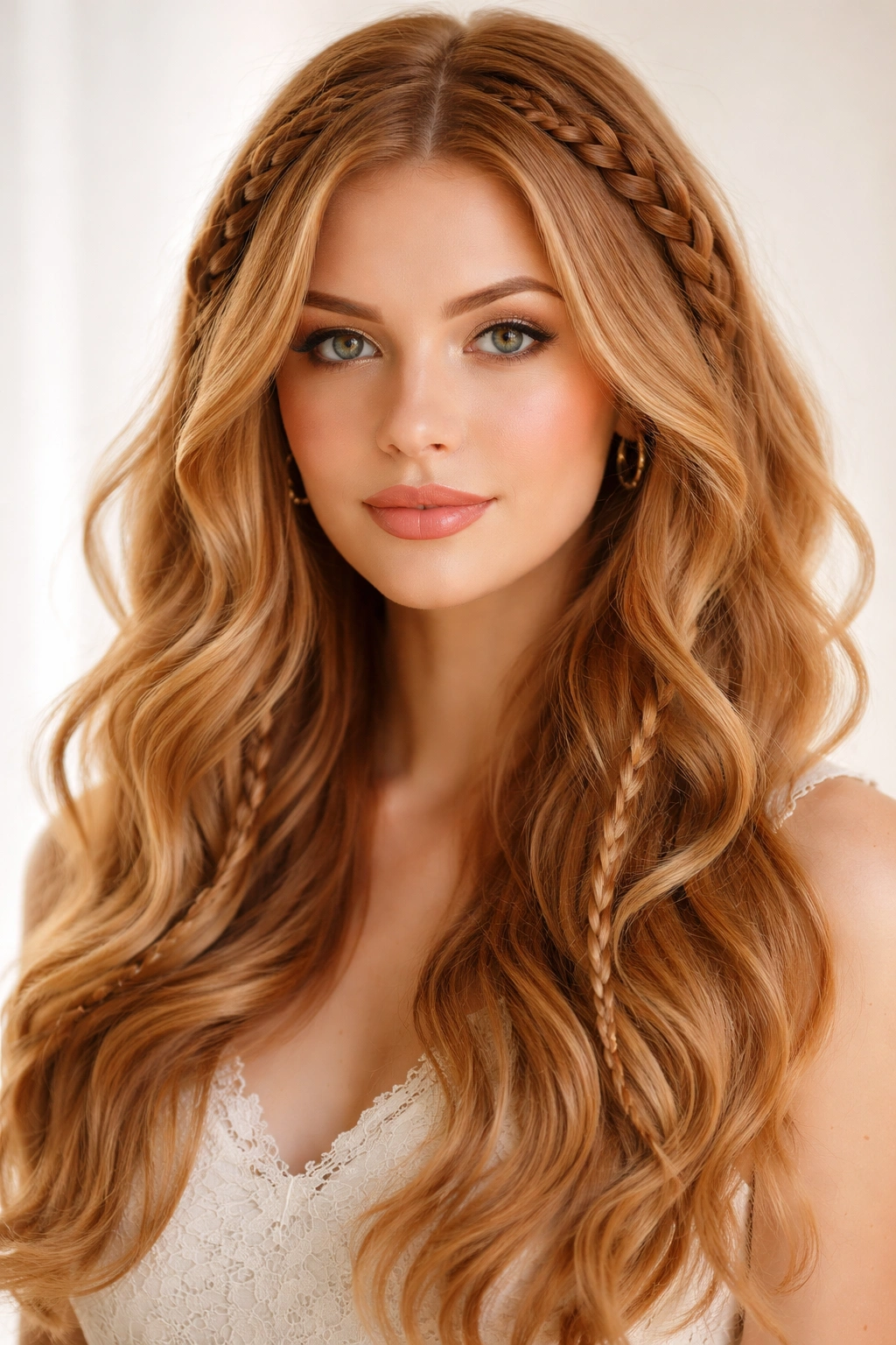 Close-up of strawberry blonde hair with braided details woven into waves