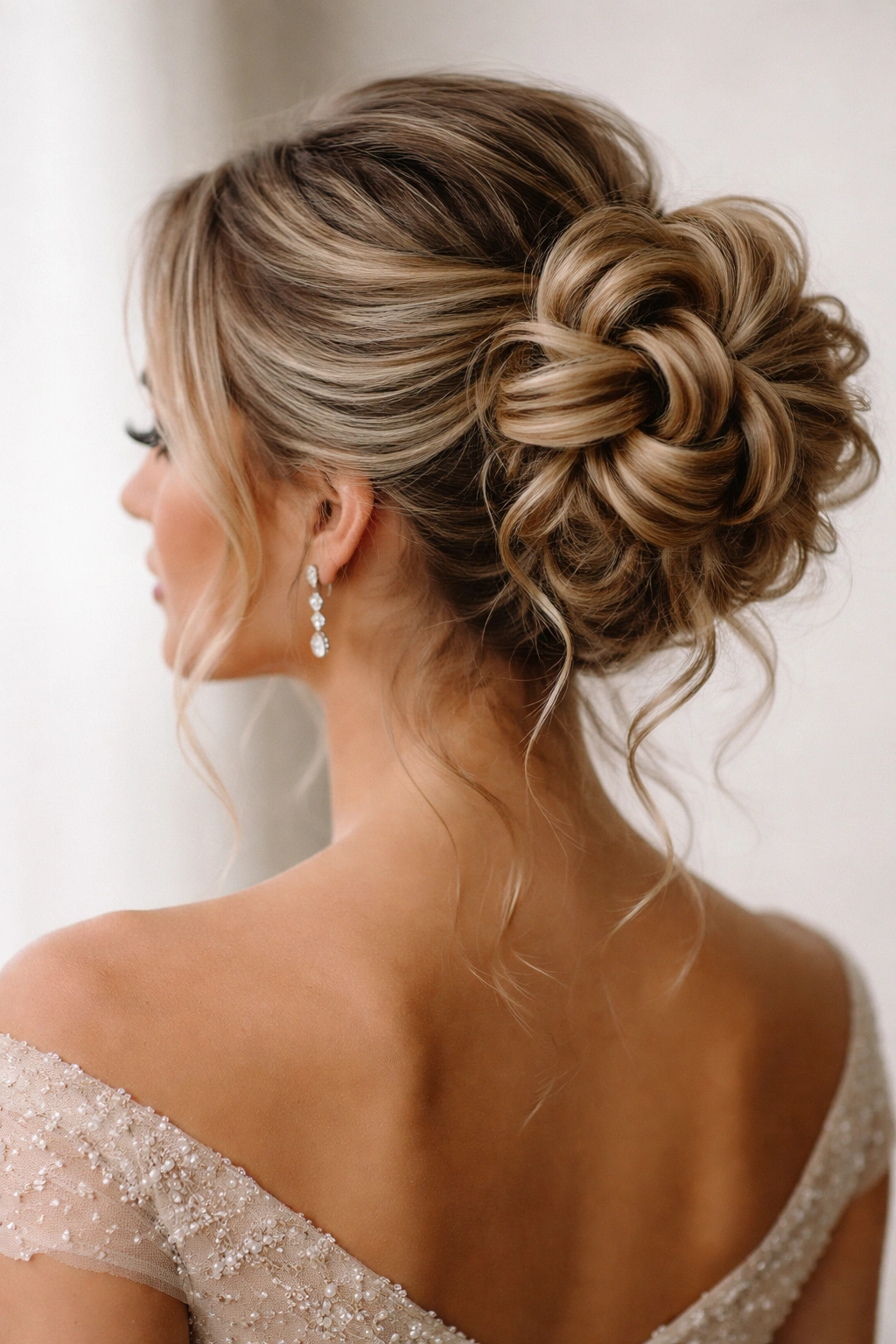 Close-up of waves integrated into a rose-like textured bun