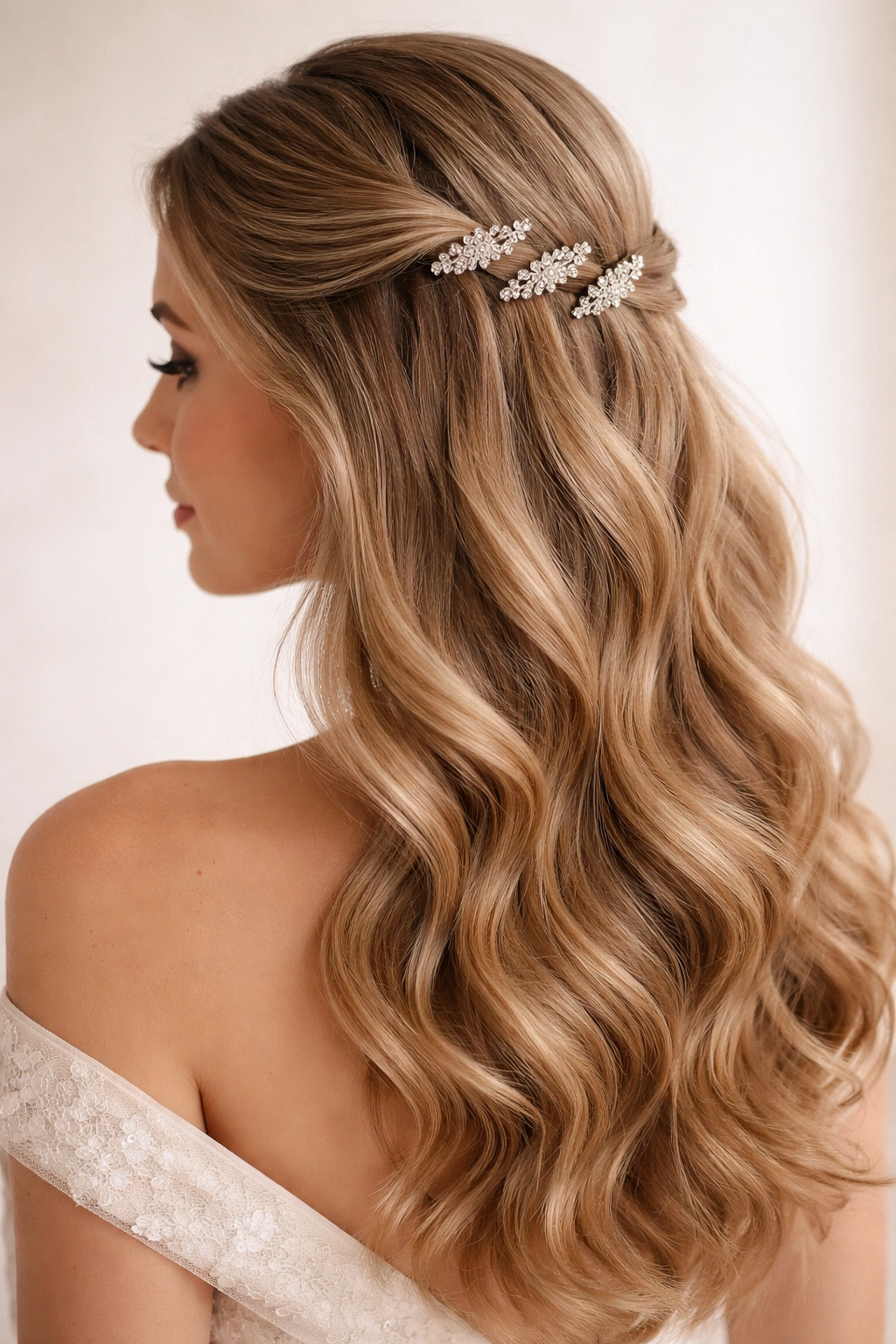 Waves pulled back at the crown with jeweled bobby pins for a formal hairstyle