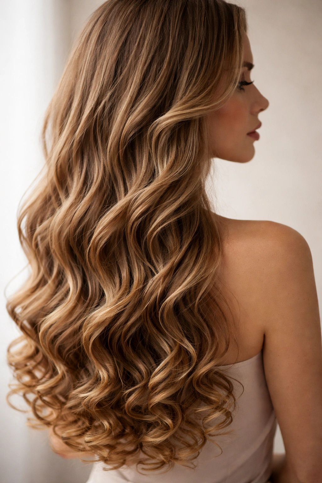 Long hair with soft waves and spiral curls at the ends