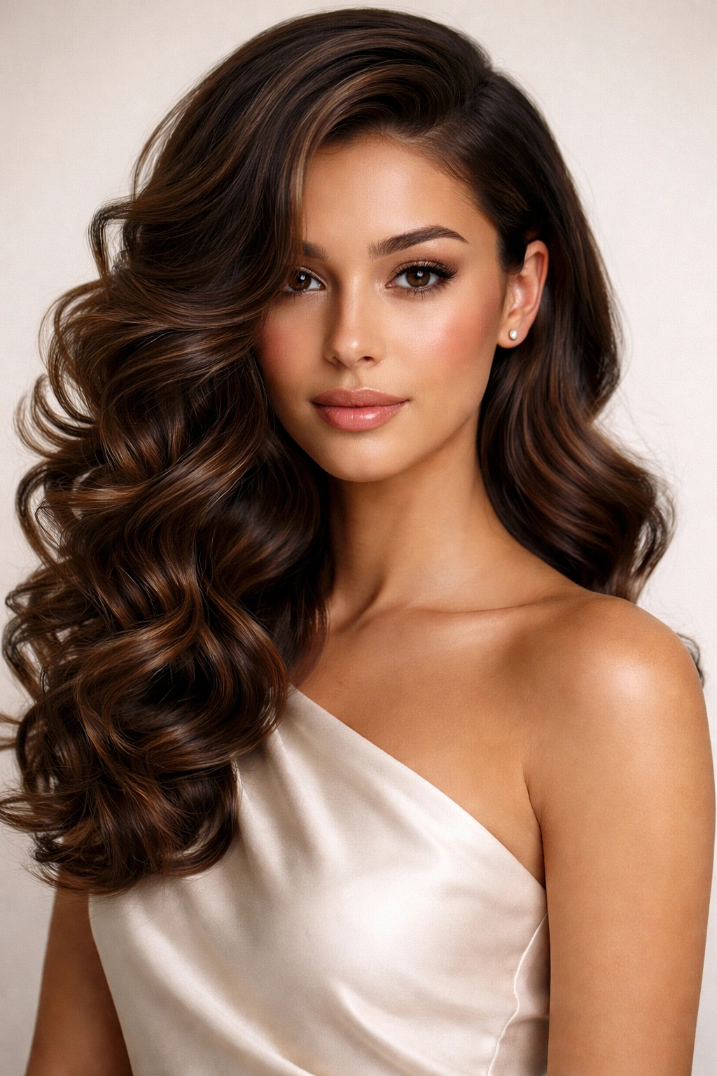 Portrait of side-swept curled waves framing the face with elegant asymmetry
