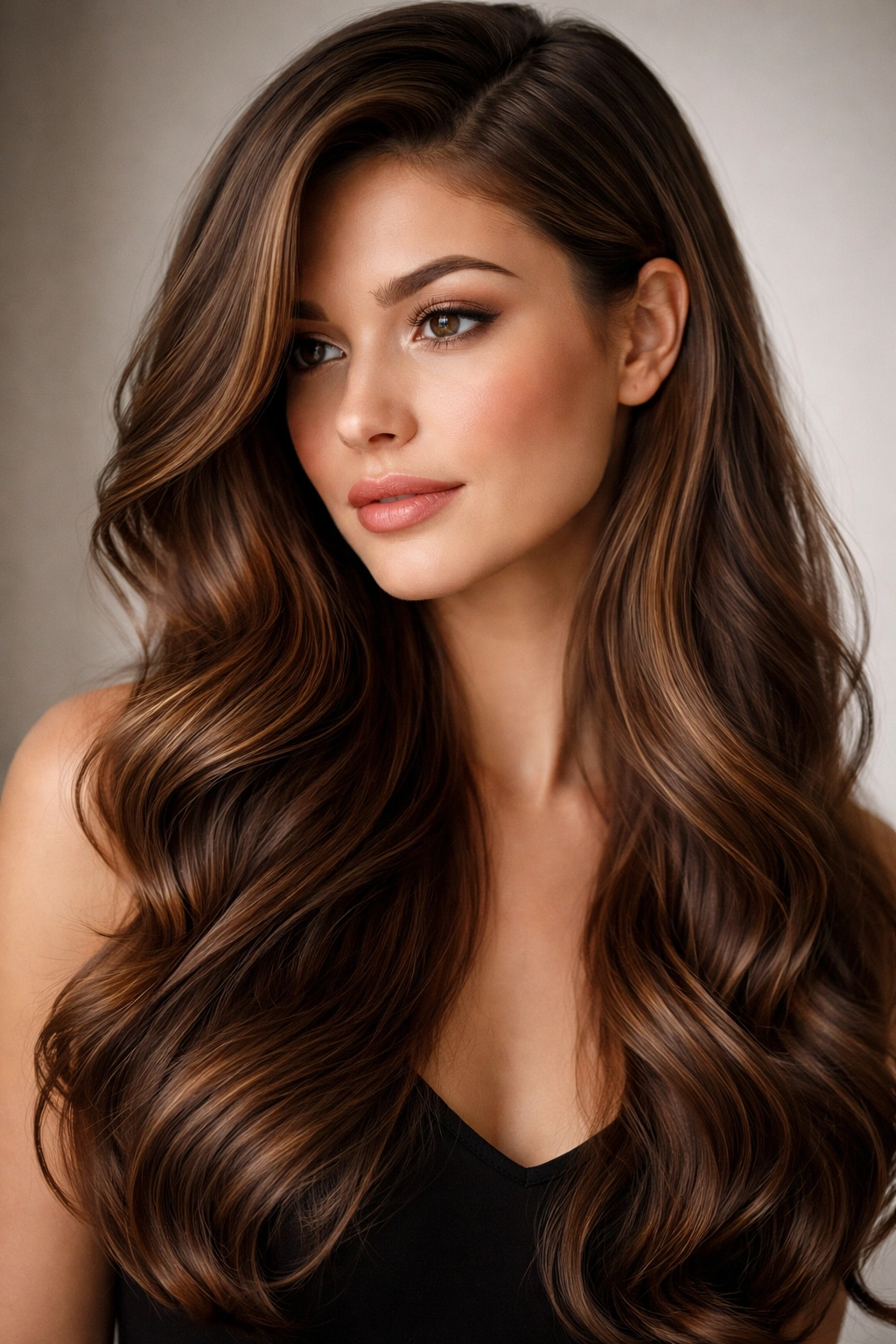 Long hair in waves with a deep side part