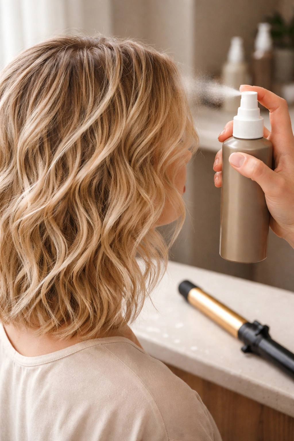 Hands applying texture spray to damp hair for lasting waves