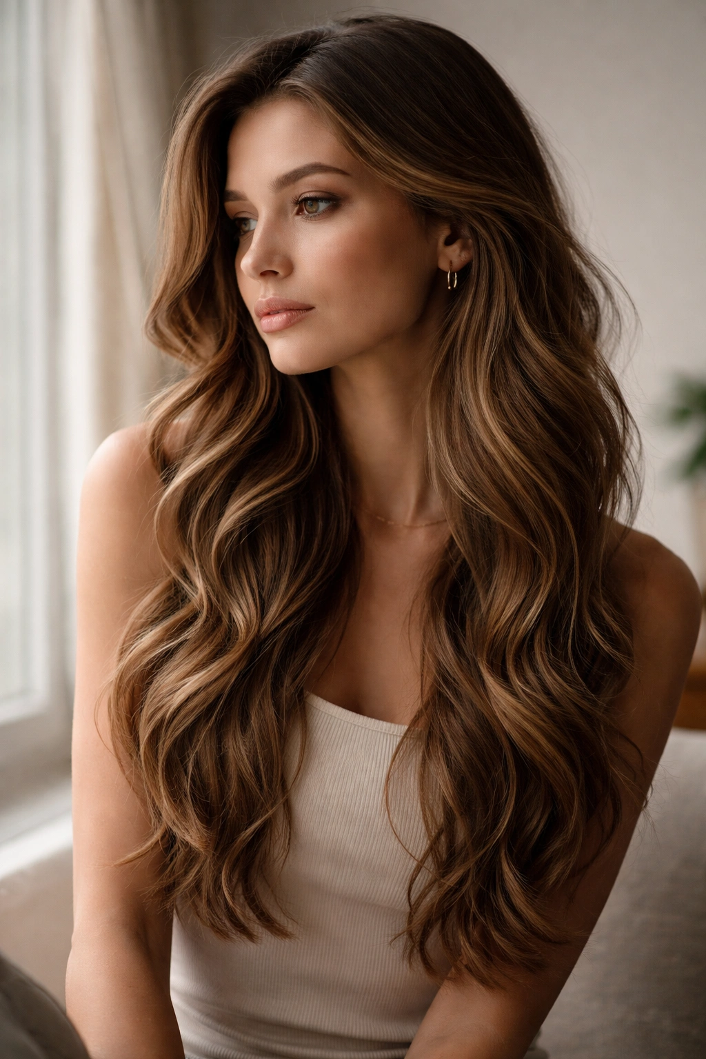 Portrait of a person with long, flowing waves in a calm, reflective mood