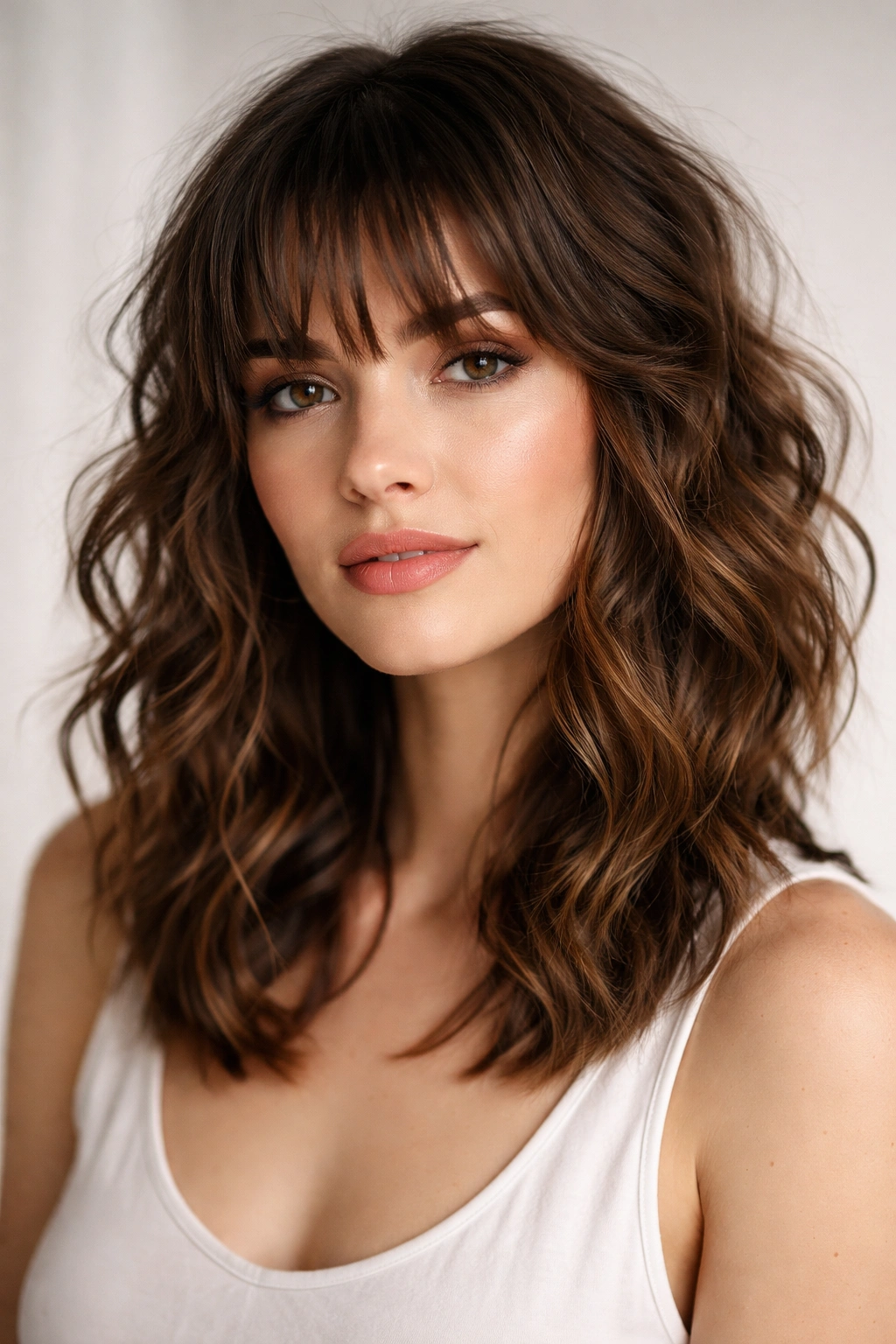 Close-up of soft waves and piece-y bangs with varying lengths.