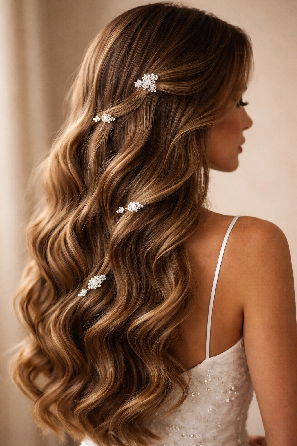 Loose waves adorned with pearl and diamond pins arranged along the hair for a formal look