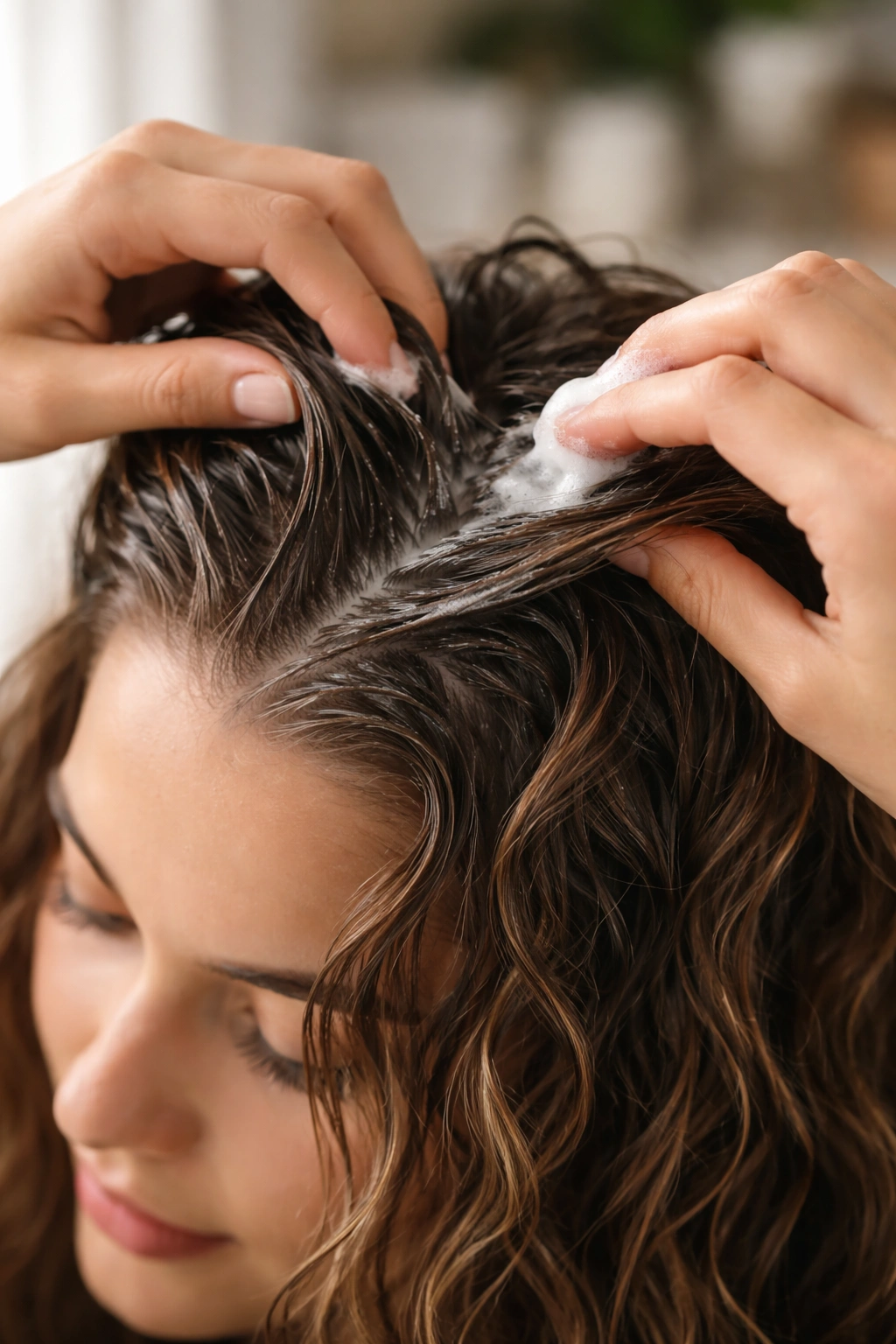 Damp wavy hair with product applied, hands prepping for space buns