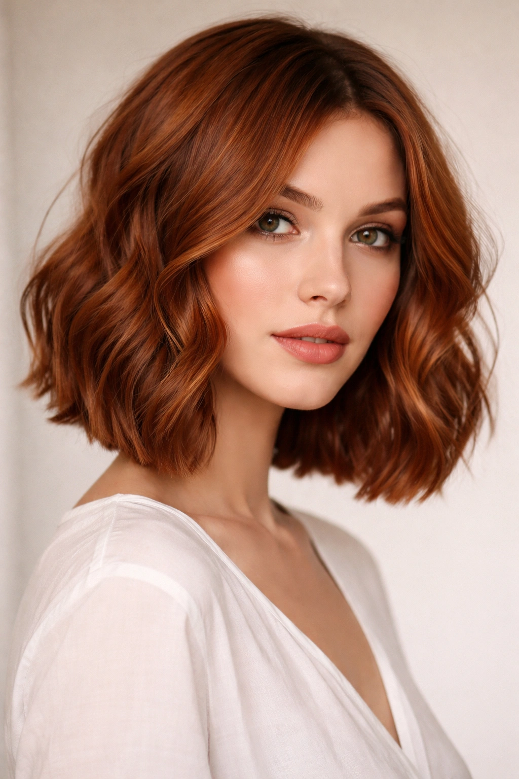 Wavy bob with blunt ends in copper auburn.