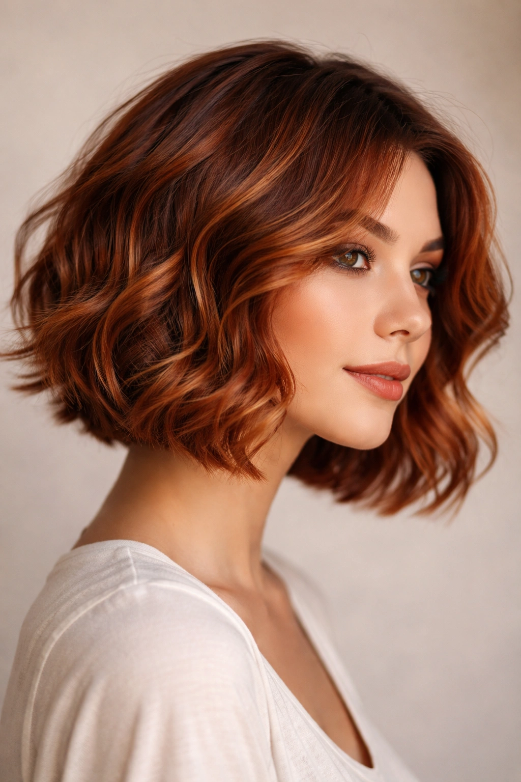 Chin-length wavy bob with copper highlights and flipped-out ends