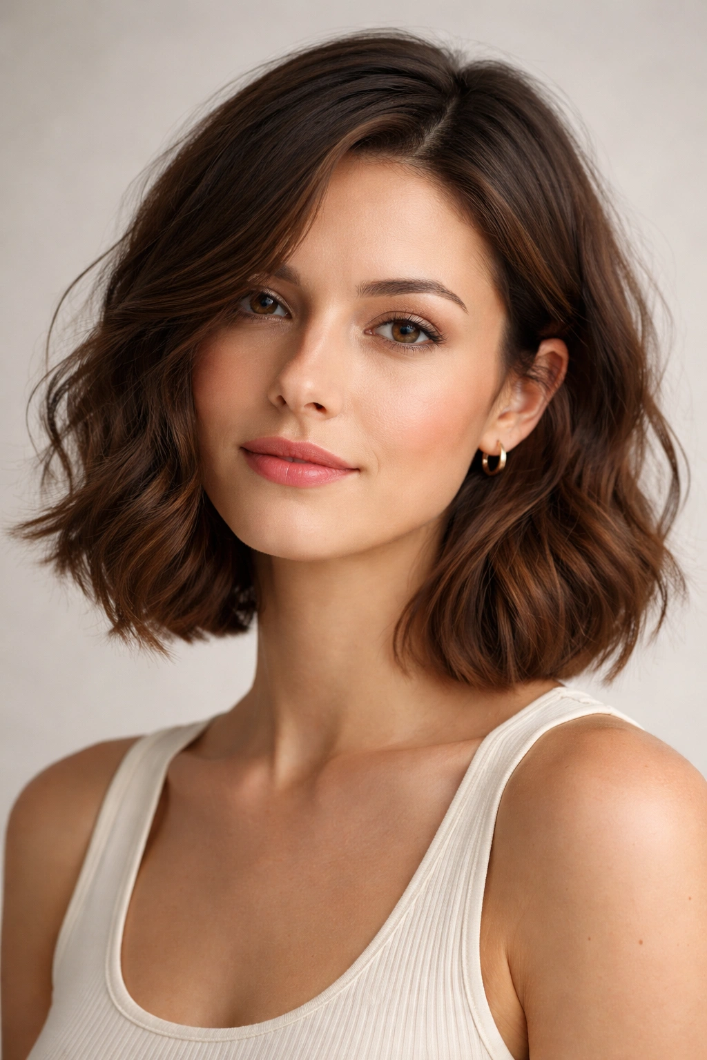 Head-and-shoulders portrait of a person with a chin-length wavy bob, side part, and face-framing pieces