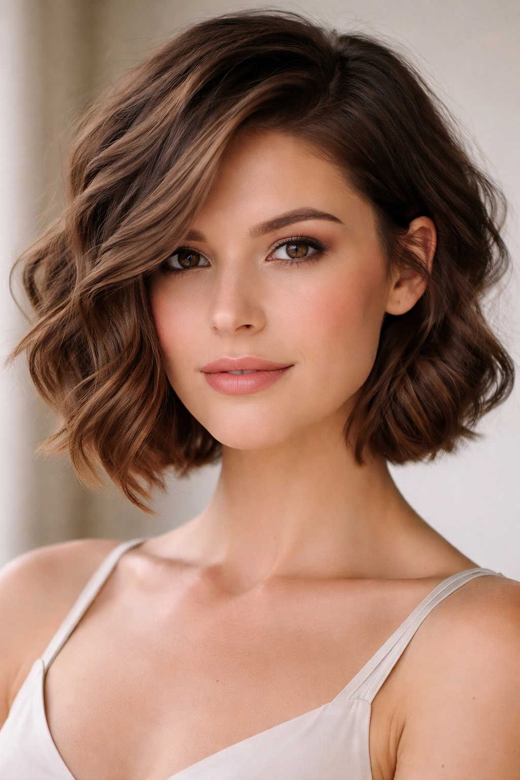 Wavy chin-length bob with deep side part and soft waves