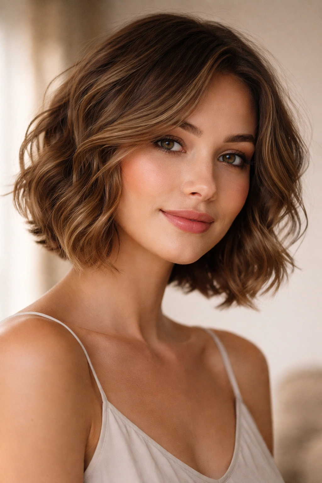 Wavy jaw-length bob with soft layers in a studio portrait