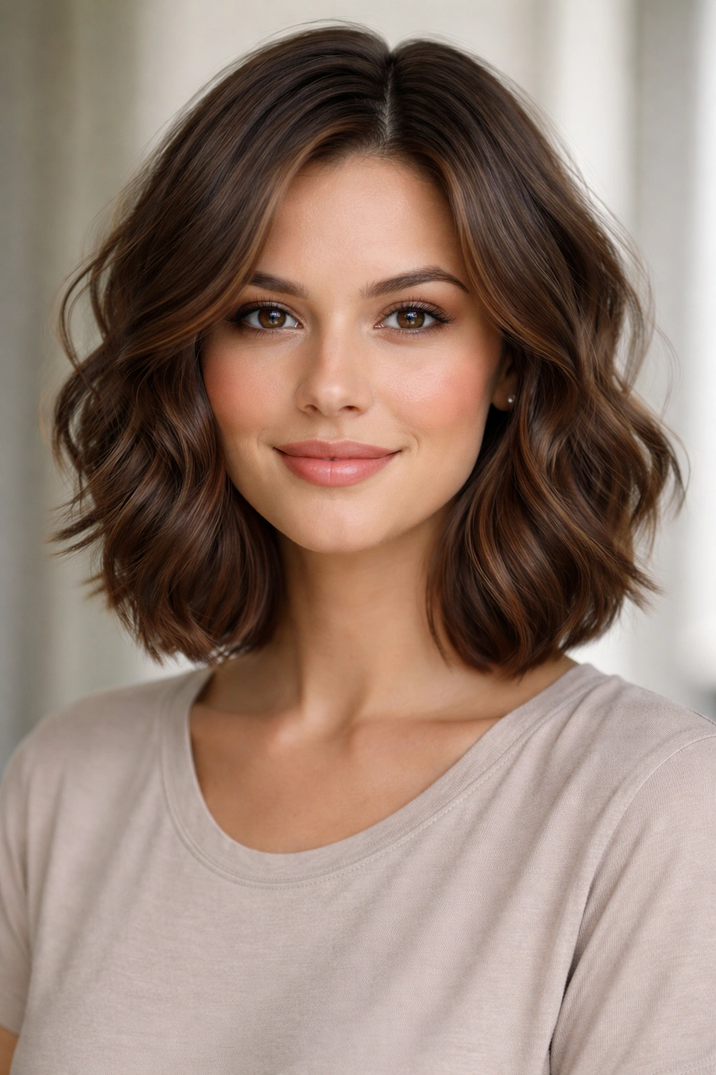 Wavy shoulder-length bob with subtle layers and soft waves.