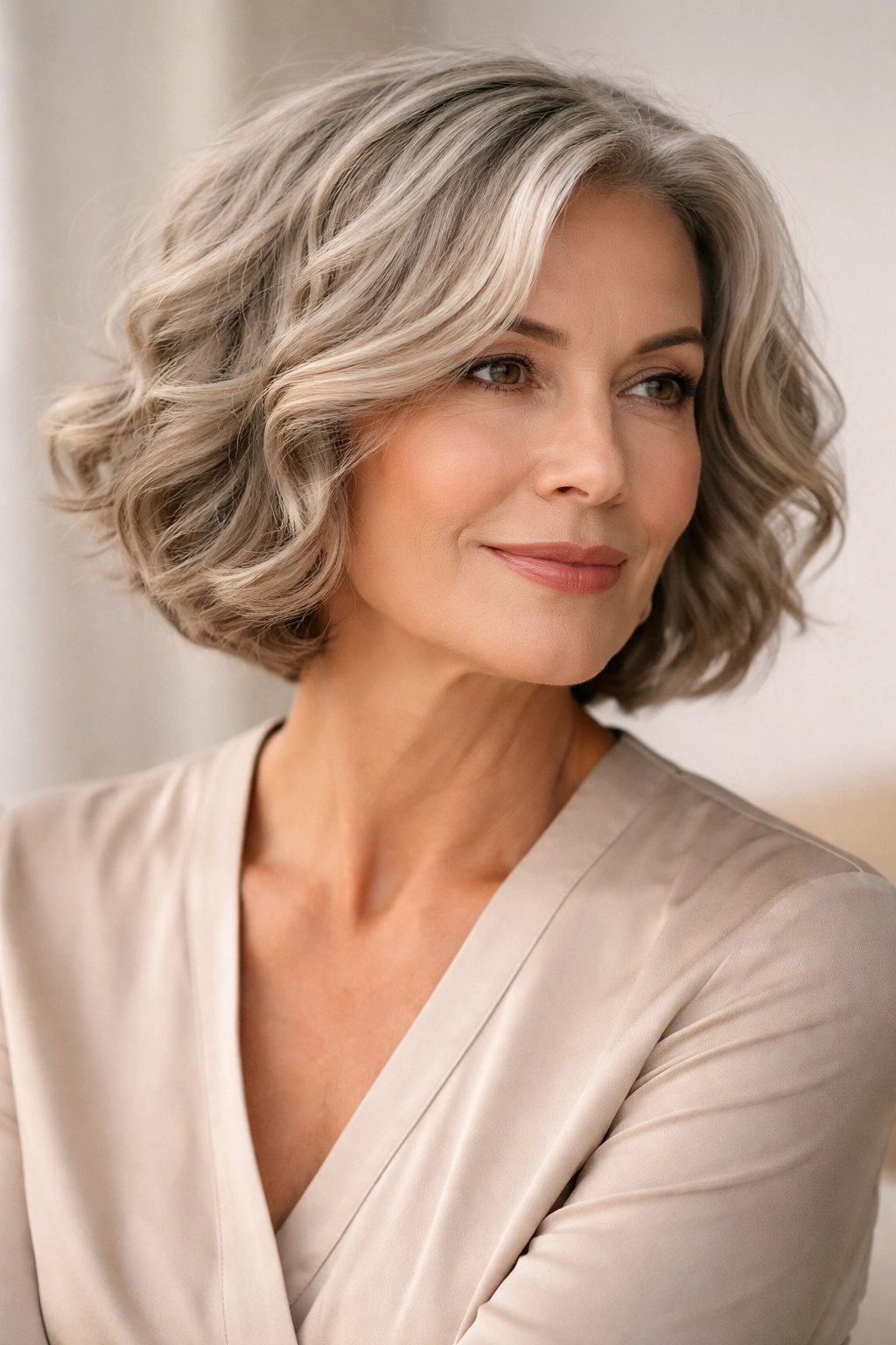 Portrait of a person with a chin-length textured wavy bob in a studio setting.