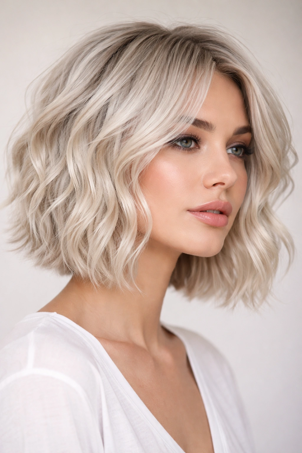 Close-up of a platinum blonde wavy bob with textured ends under studio lighting