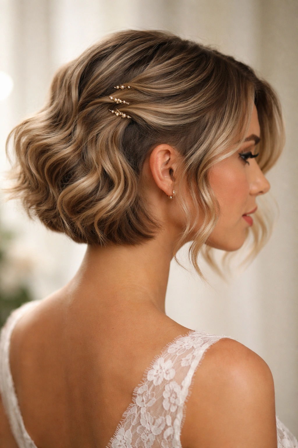 Wavy bob showing hidden undercut with pinned sections