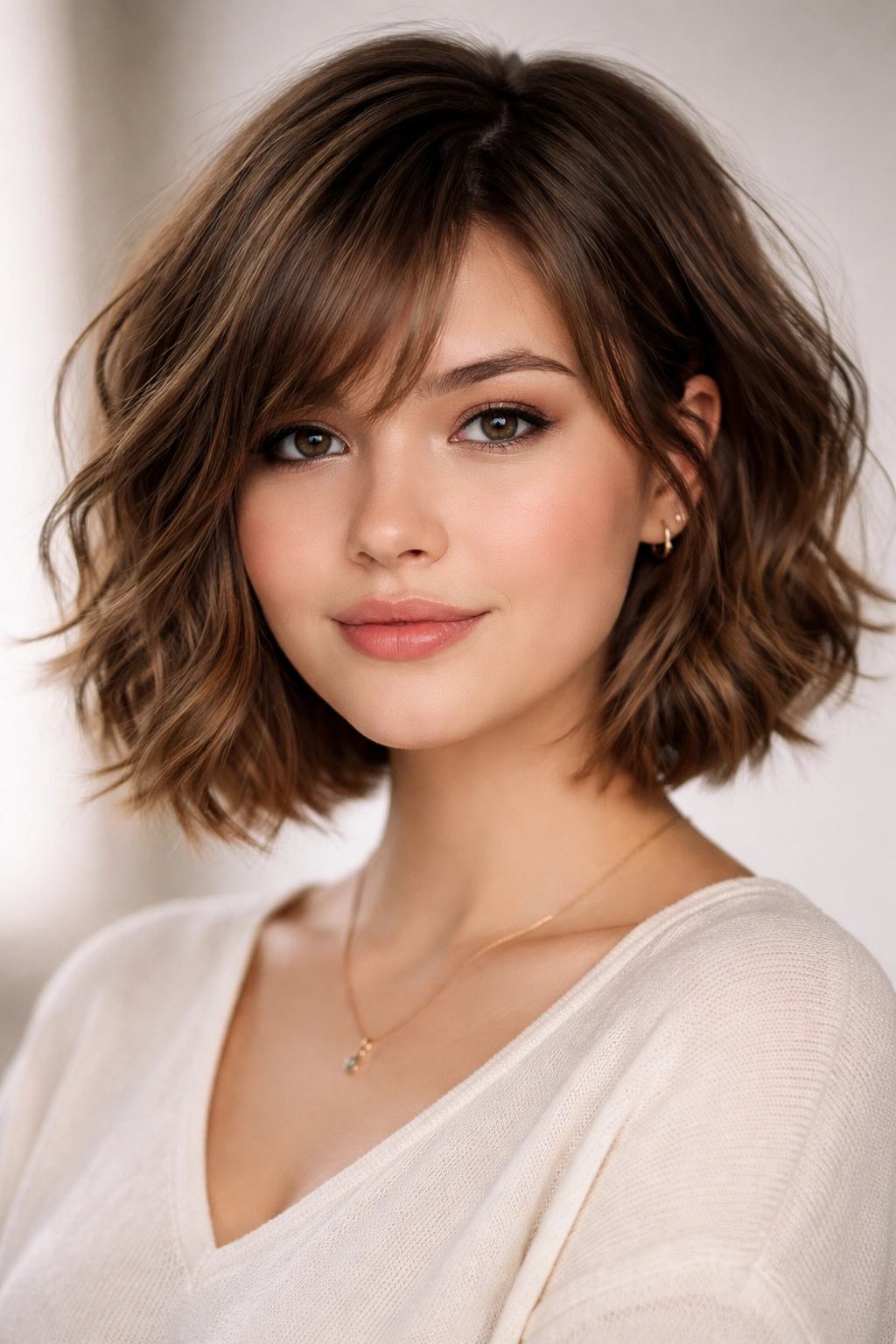 Jaw-length wavy bob with side-swept wispy bangs
