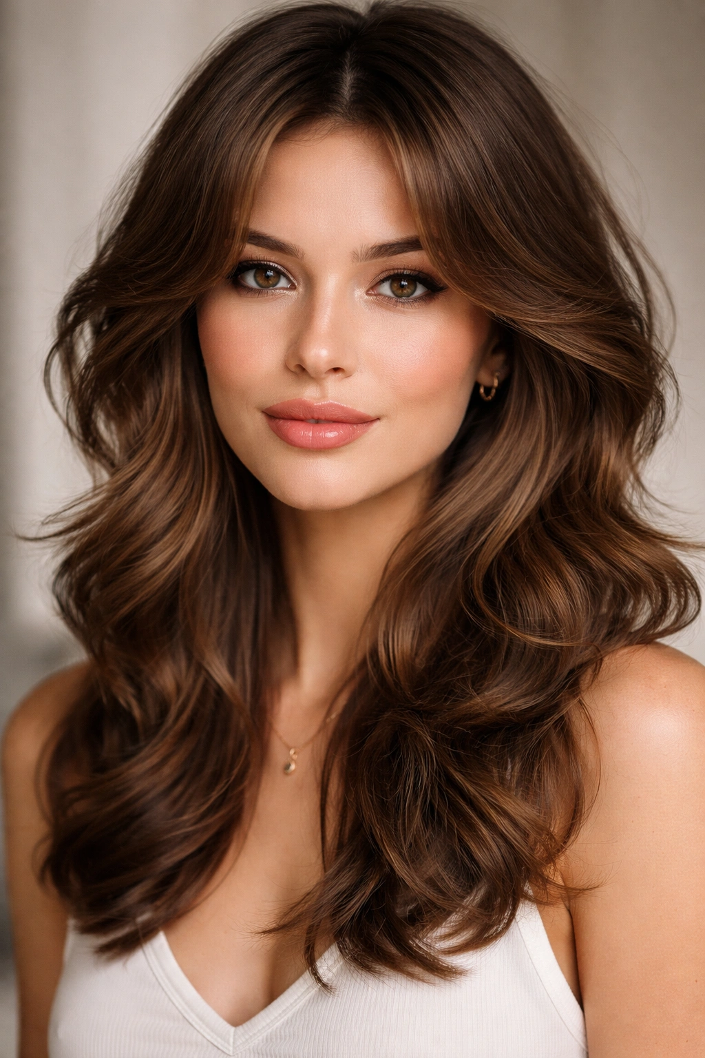 Close-up portrait of a person with a wavy butterfly cut hairstyle featuring feathered crown and wing-like lower layers.