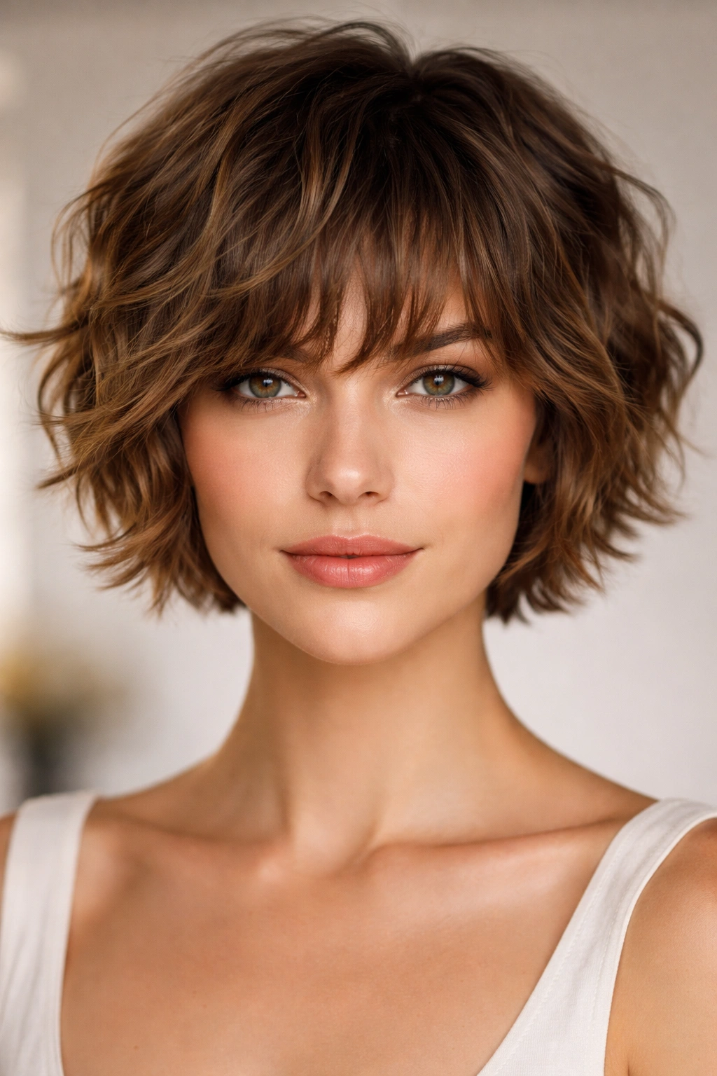 Wavy crop with textured bangs framing the face