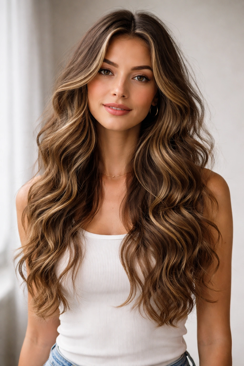 Long layered wavy curls with natural movement.