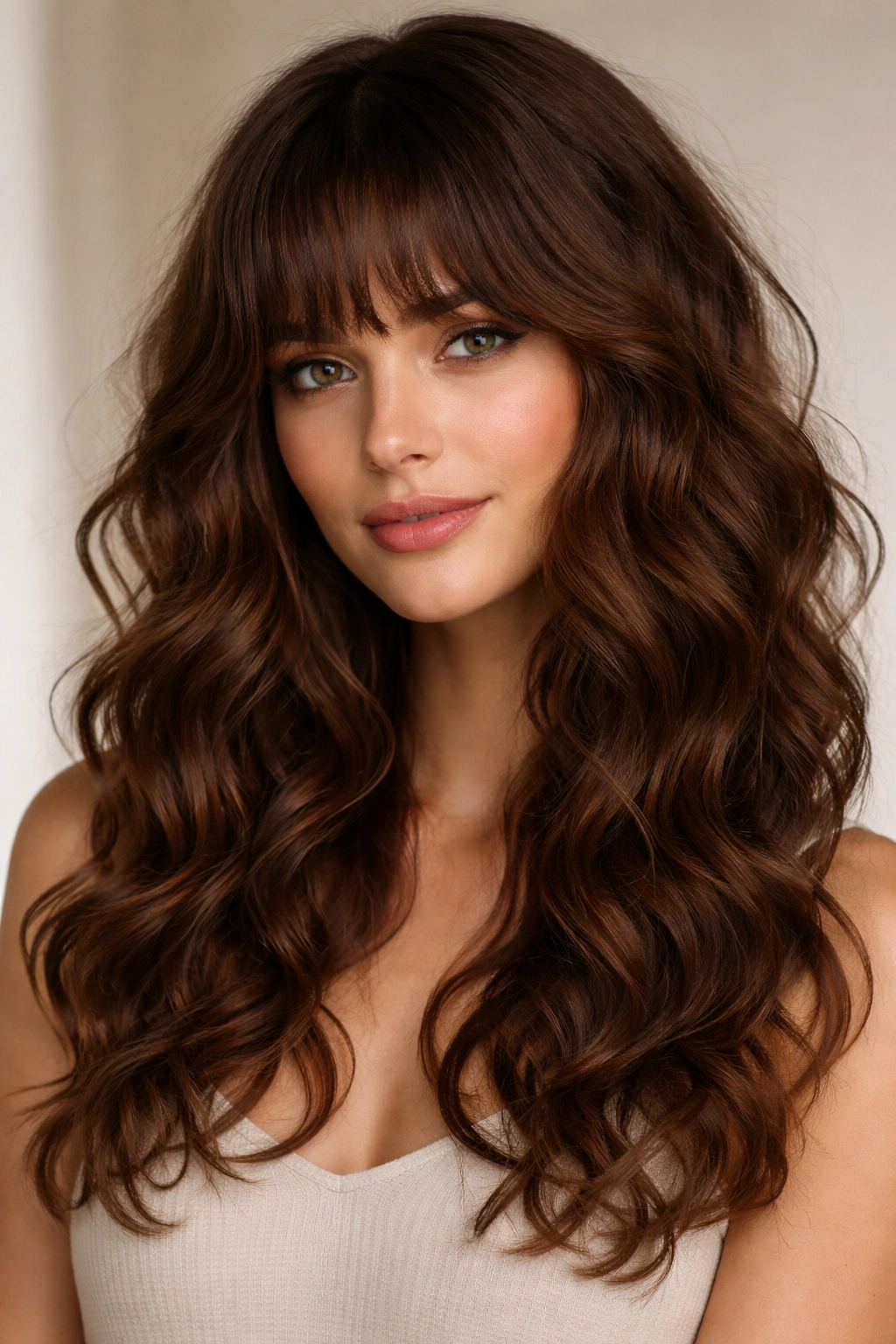 Close-up of chestnut hair with wavy-curly hybrid texture and textured bangs.