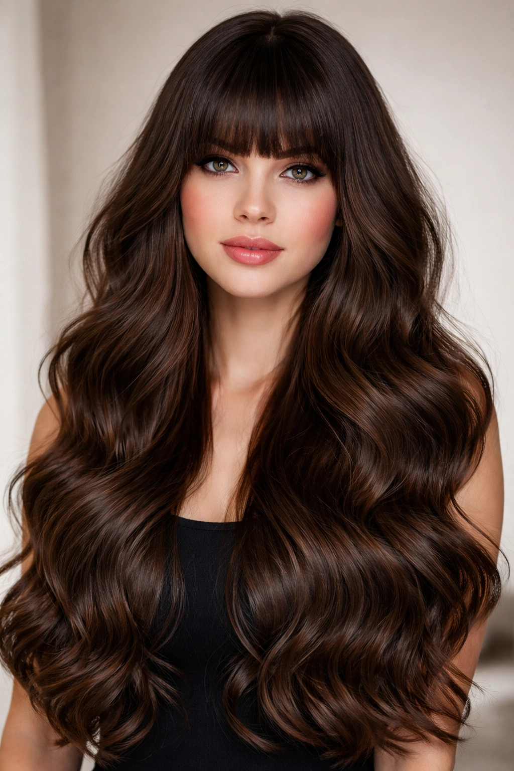 Model with long wavy extensions and thick blunt bangs