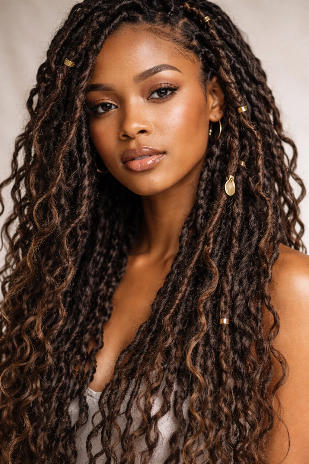 Close-up of wavy faux locs with loose twists on Afro hair