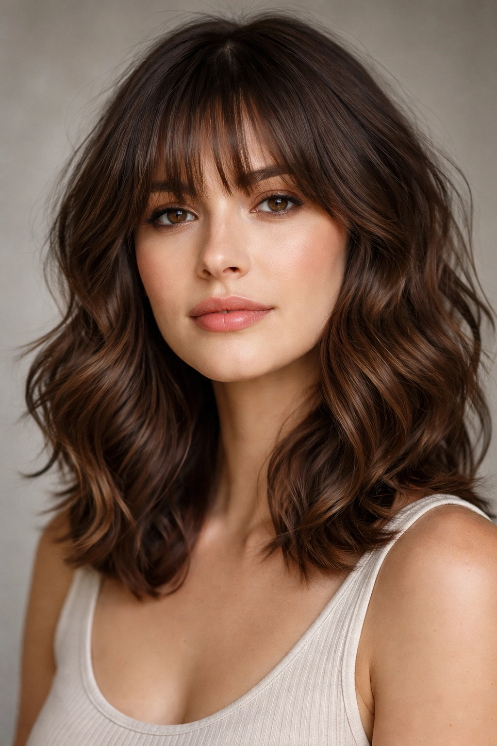 Close-up portrait of a person with shoulder-length wavy hair and bangs against a neutral studio backdrop