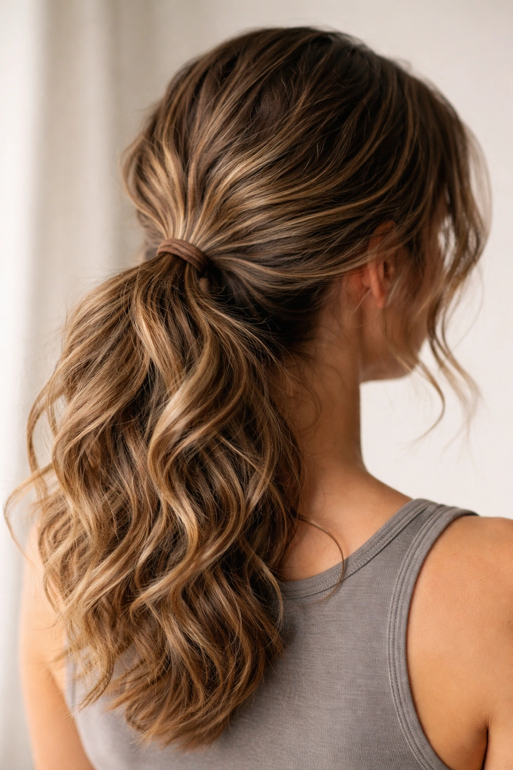 Close-up of wavy hair in a loose ponytail showing natural texture