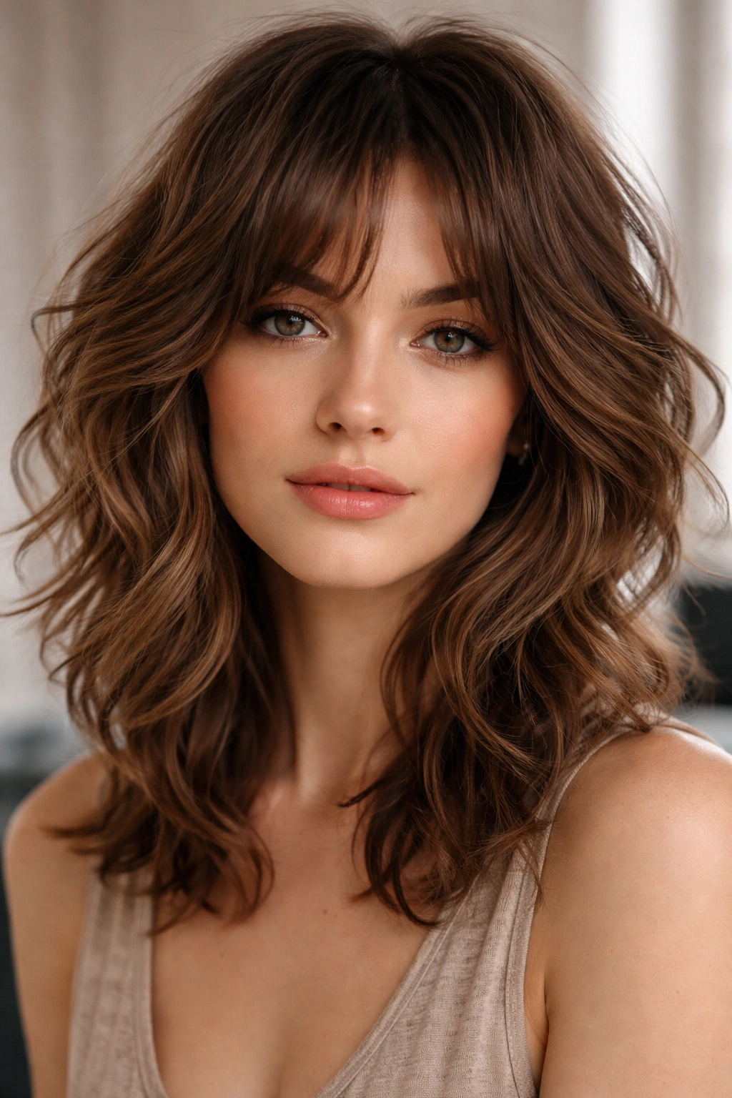 Close-up of a wavy shag with wispy layers framing the face for square-face softness