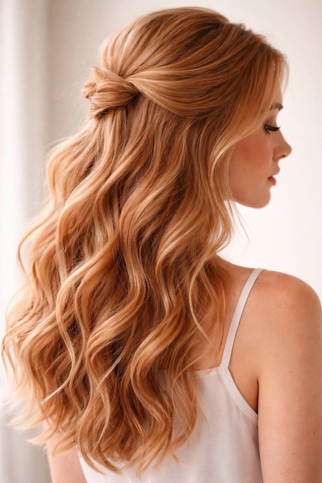 Close-up of strawberry blonde hair in a wavy half-up style