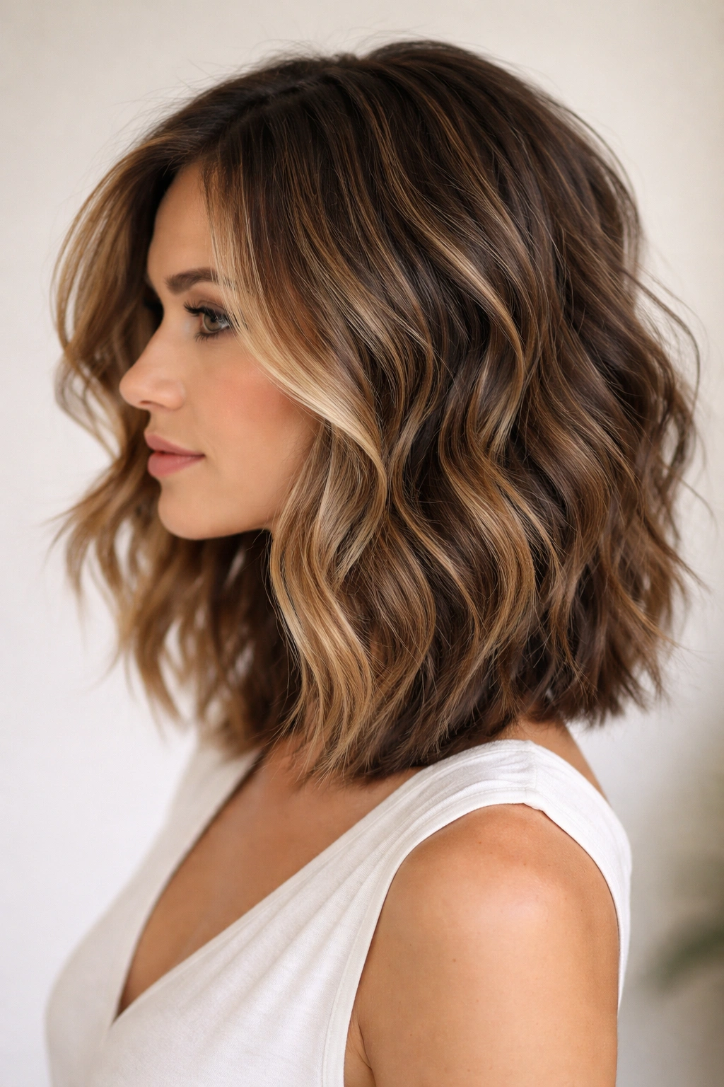 Wavy lob with angled front layers and lift