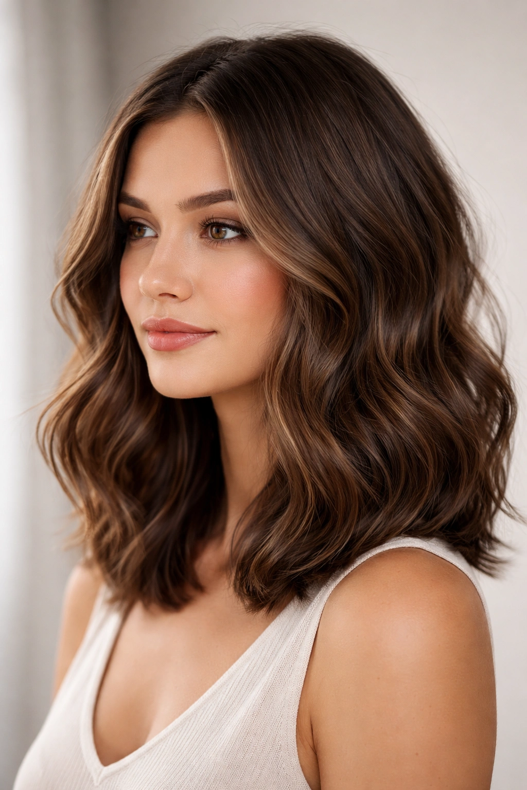 Close-up of a brown wavy lob with dimensional waves and subtle layering