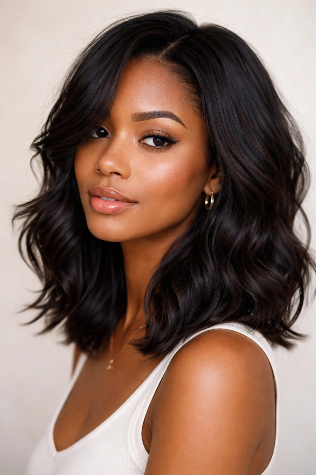 Wavy lob with face-framing layers for soft, flattering movement.