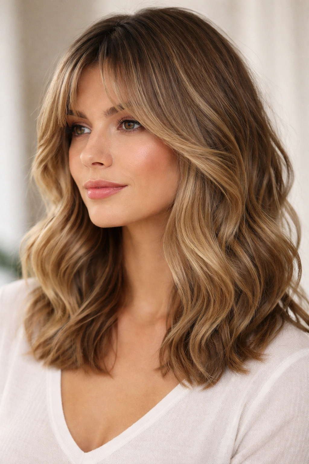 Portrait of a person with a wavy lob and feathered curtain bangs
