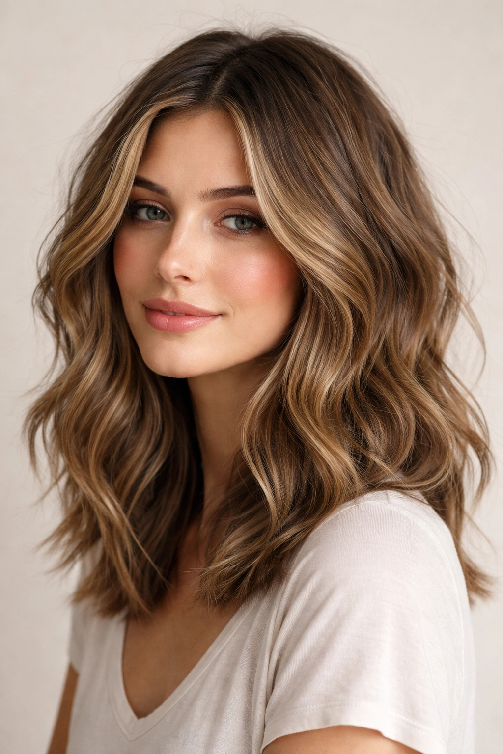Wavy lob hairstyle with long layers showing movement and frizz-control