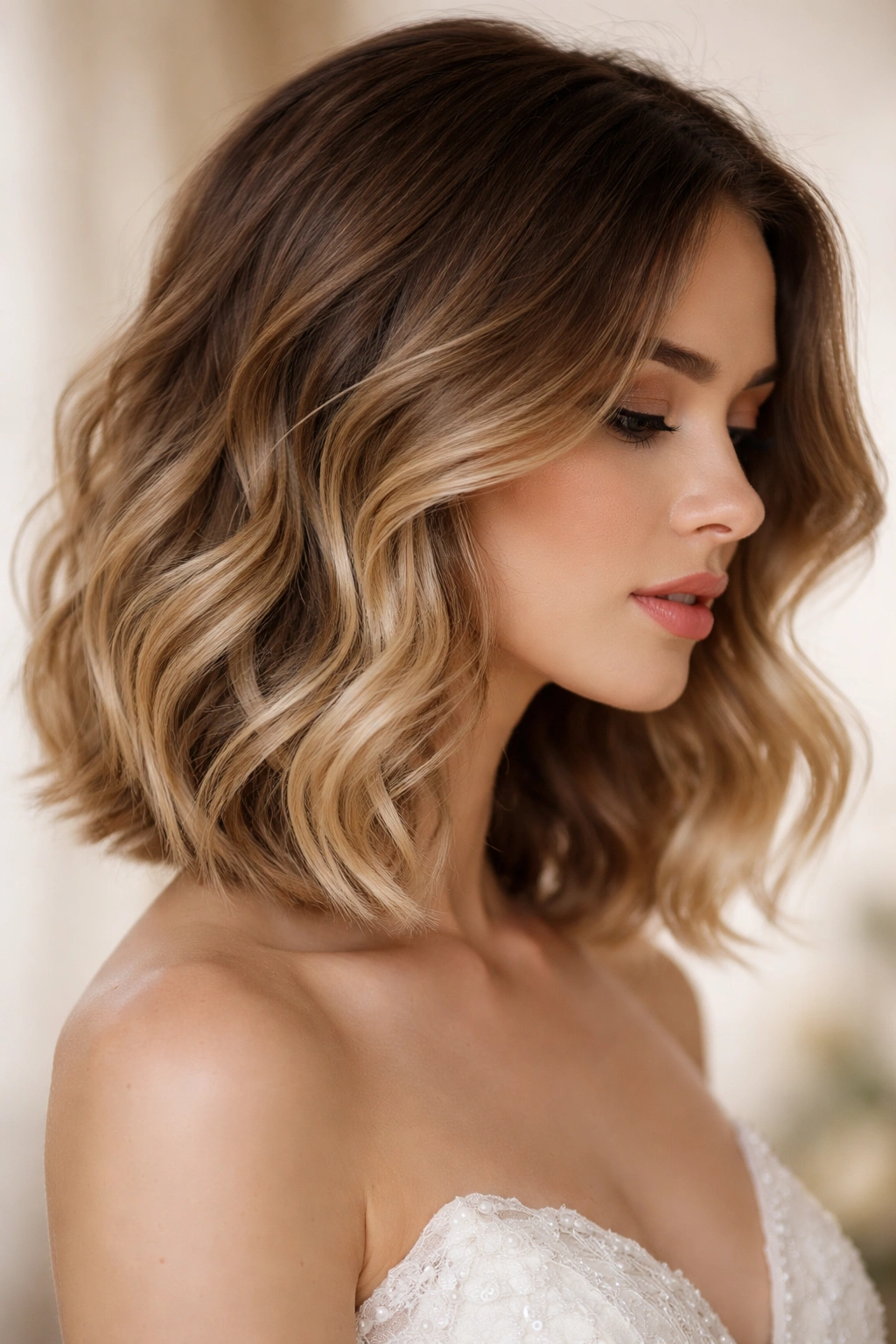 Close-up of a wavy lob with subtle ombre at collarbone length