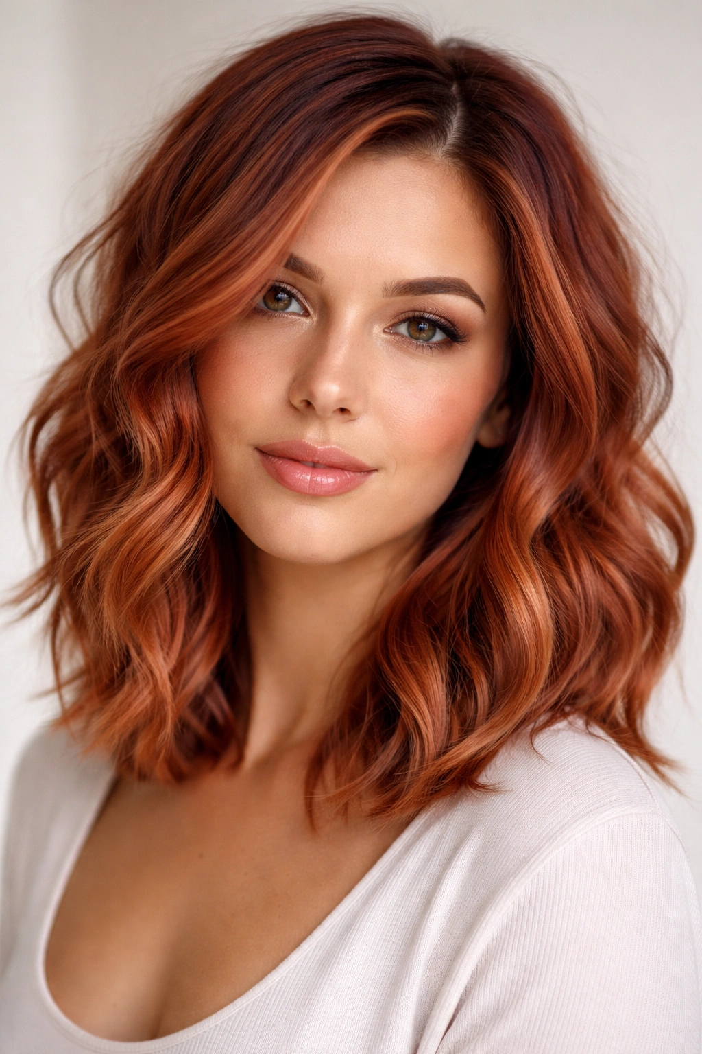 Portrait of a wavy lob with strawberry red balayage showing warmth and movement