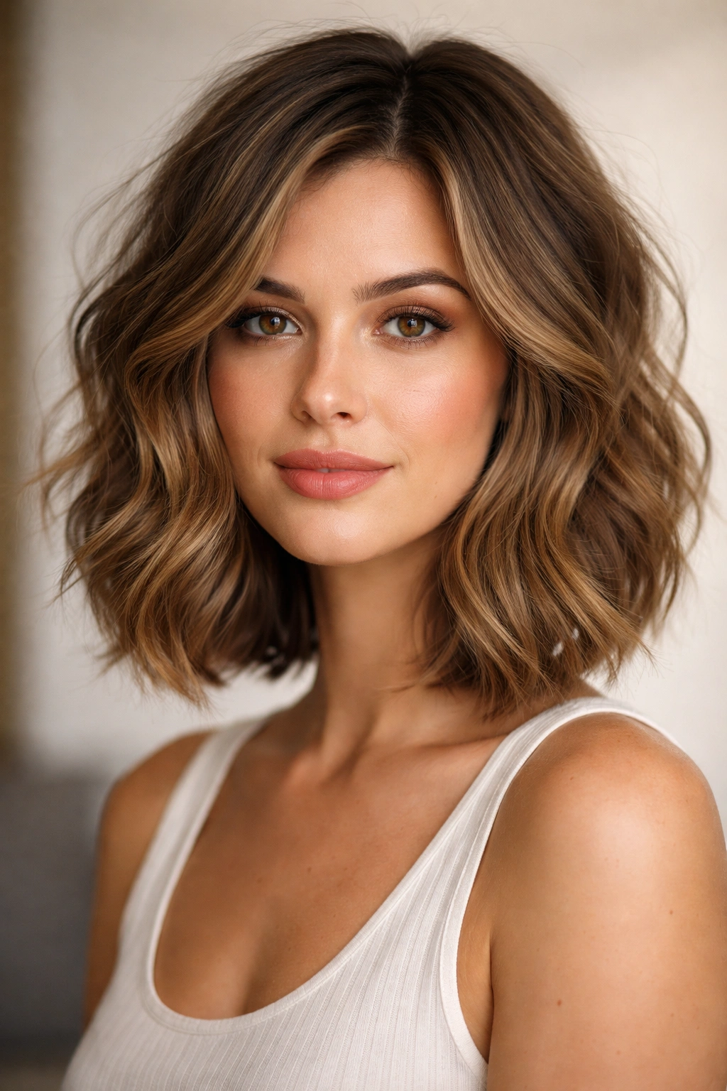 Medium shot of a chin-length wavy lob with textured layers