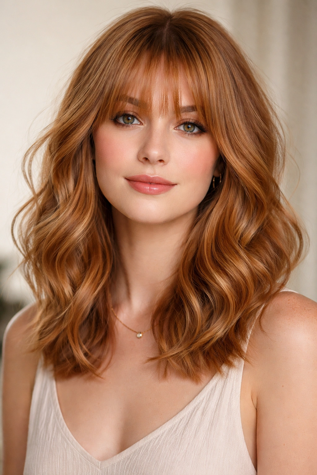 Wavy lob with wispy bangs in strawberry blonde hair