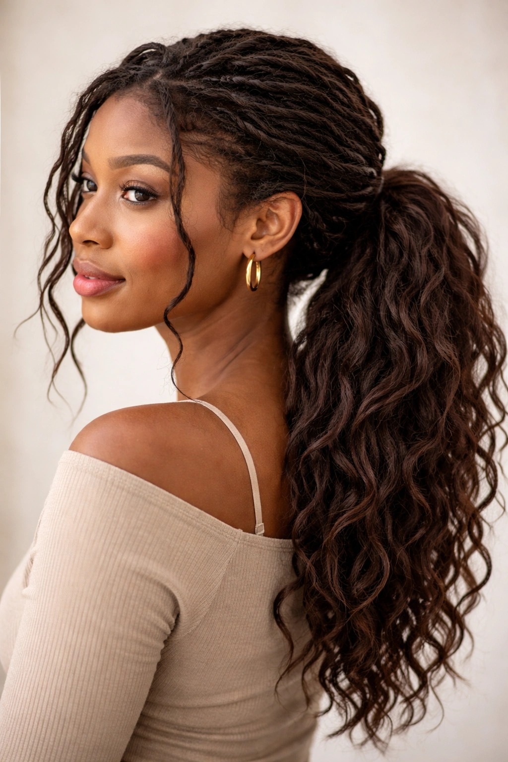 Side/back view of a wavy loose ponytail with textured locs