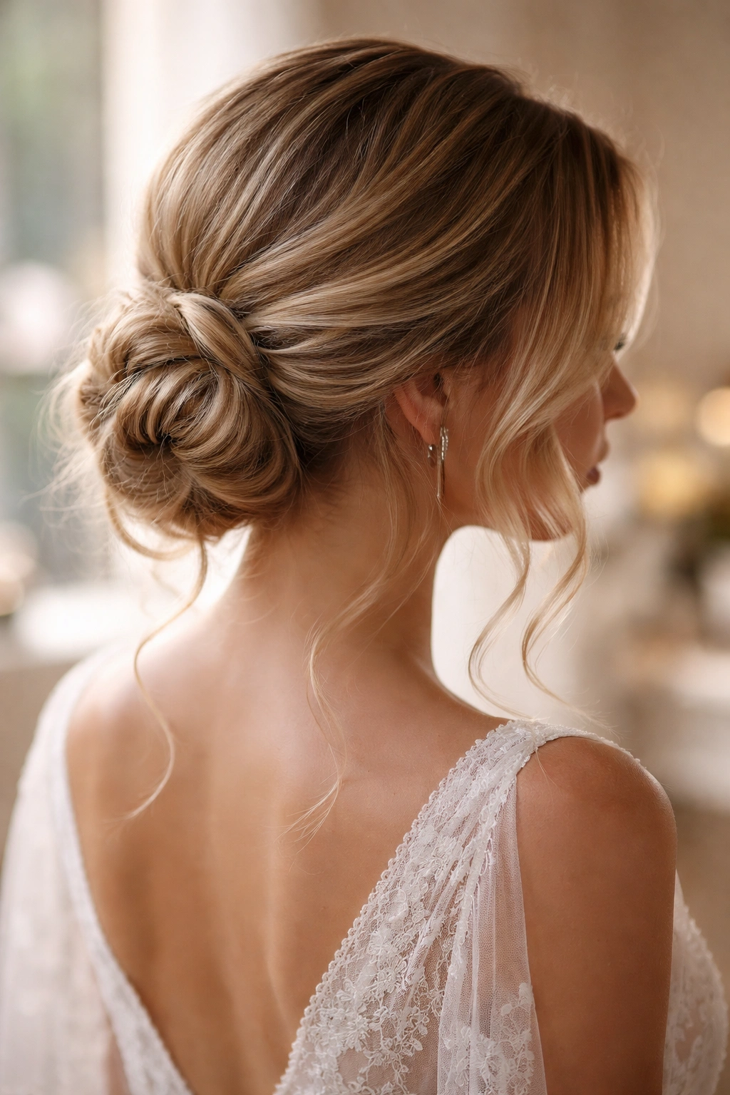 Close-up of a bride's hair with a wavy low bun and face-framing waves
