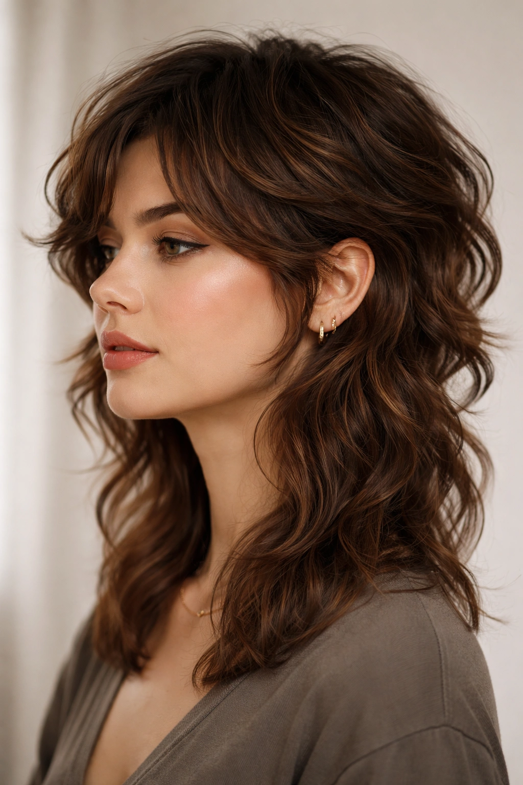 Three-quarter view of a wavy mullet-inspired cut in brown tones with layered movement.